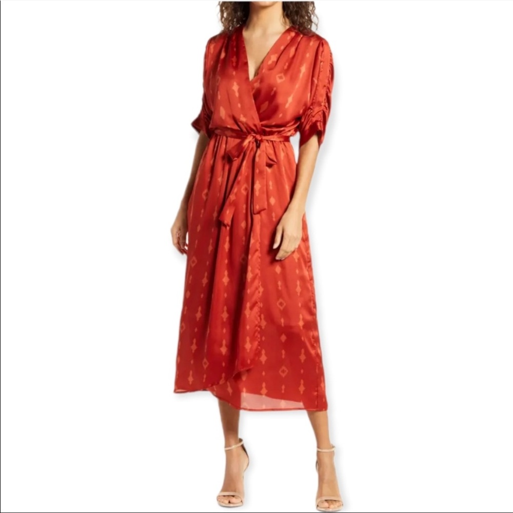NET Fraiche Orange / Red faux wrap dress size L - 10/12